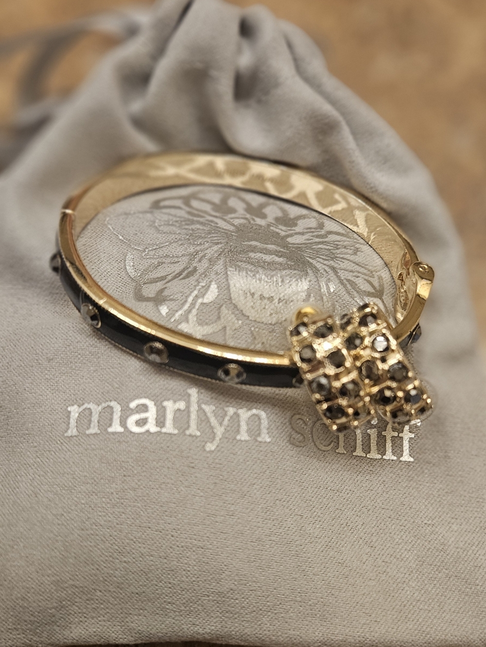 Marlyn Schiff Gold-Tone and Black Enamel Pavé Clasp Bangle Bracelet And Earings